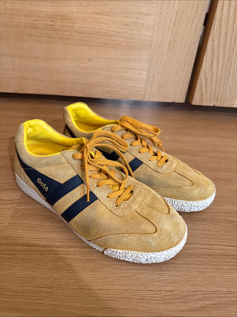 Gola Wonen’s Suede Sneakers in Mustard Yellow with Black Stripes